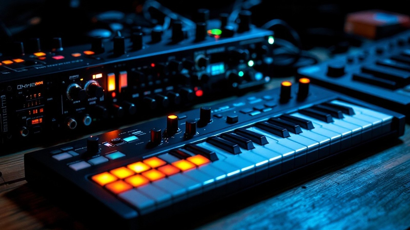 Side-by-side photo of a slim MIDI keyboard controller next to a hardware synth with visible knobs — top of article