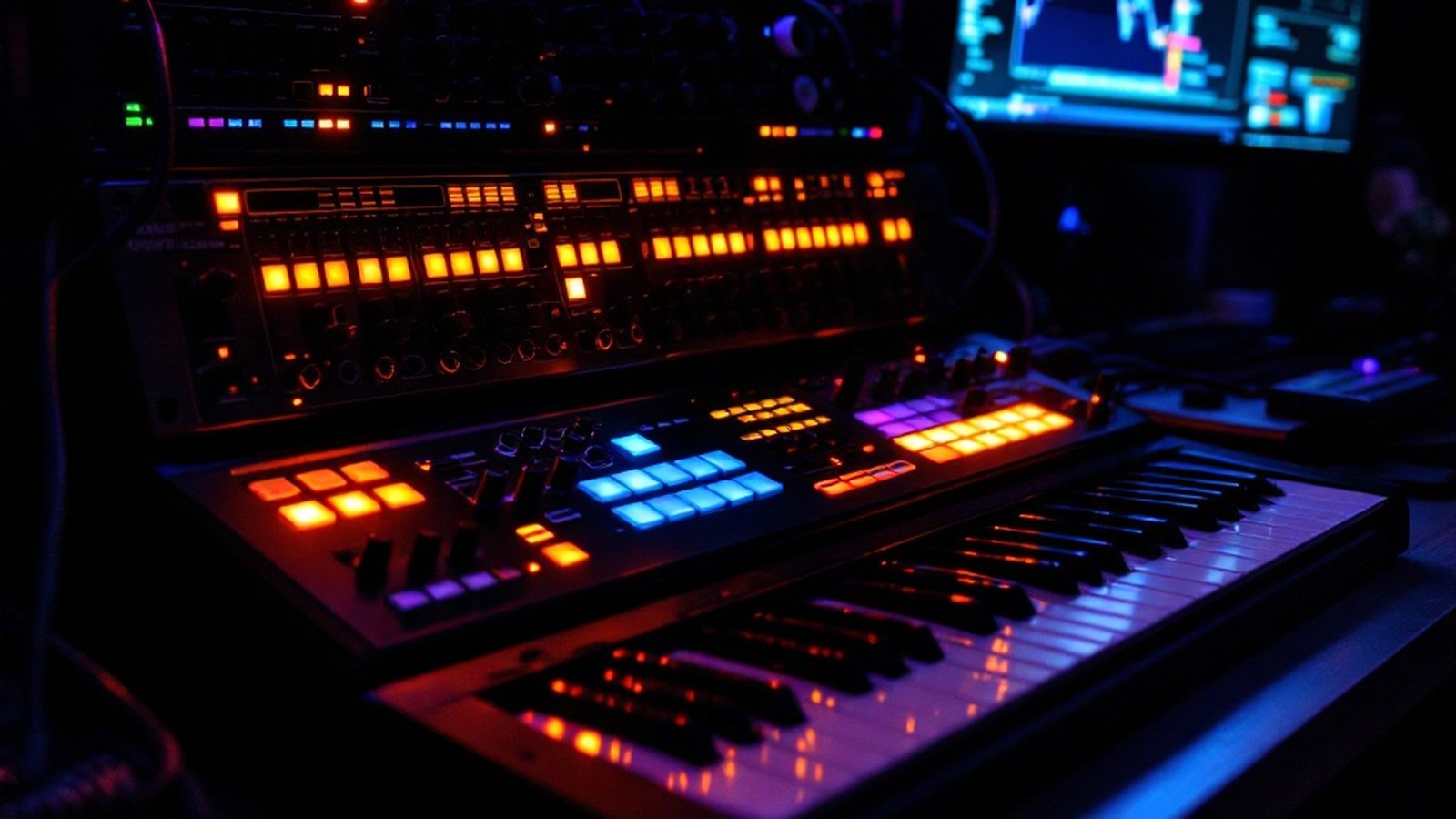A dark studio desk at night: MIDI keyboard, rack-mounted interface with glowing amber LEDs, coiled patch cables catching a cyan monitor glow