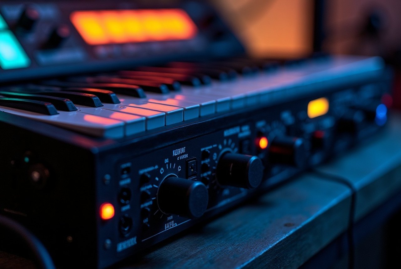 Close-up of a Focusrite or Audient interface showing XLR inputs and knobs