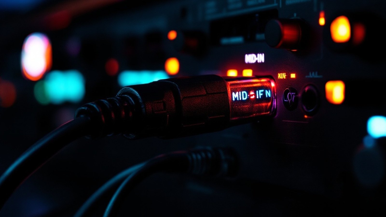 Close-up of a DIN-5 MIDI cable plugging into the MIDI IN port on a hardware synthesizer