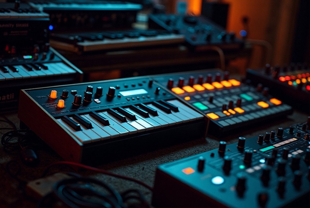 Side-by-side of an older DIN-equipped synth and a modern MIDI 2.0 controller