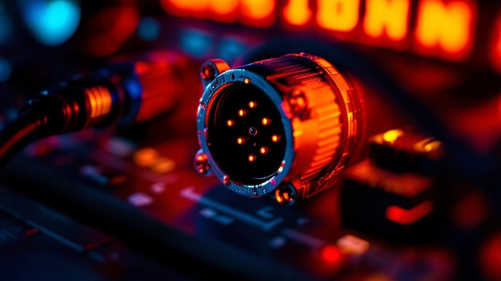 Close-up of a 5-pin DIN MIDI port, ideally showing some wear