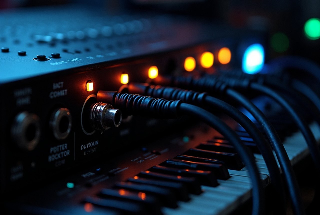 Rear-panel shot showing 5-pin DIN MIDI IN/OUT connectors