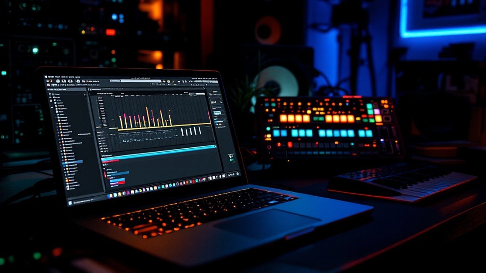 A laptop running FL Studio's pattern editor with a MIDI keyboard alongside