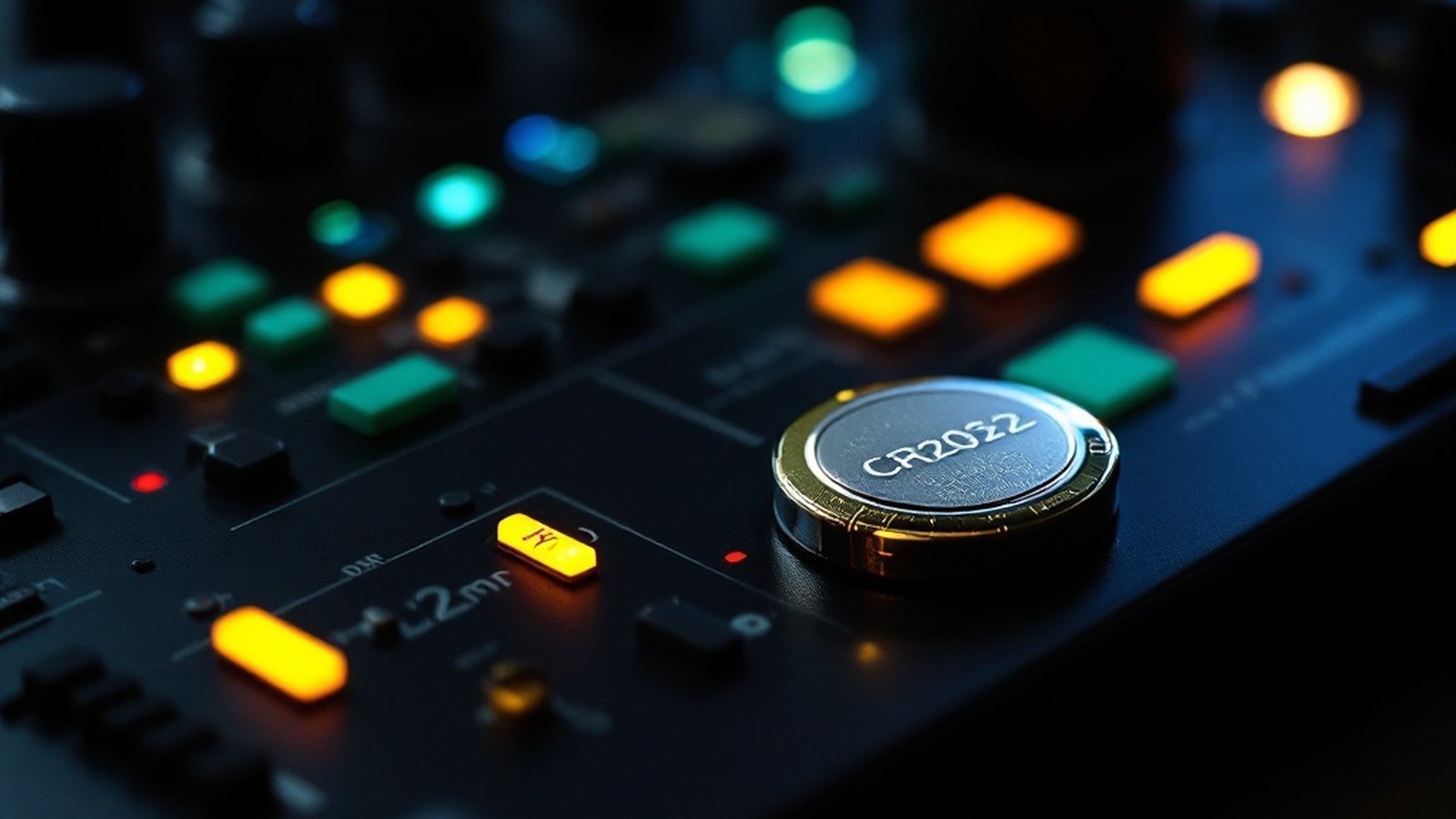 Close-up of a coin-cell battery (CR2032) next to an open synthesizer panel