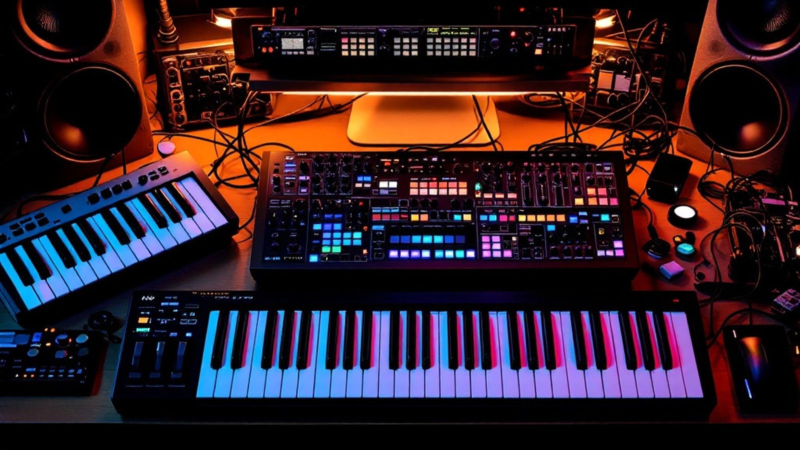Side-by-side overhead photo of 25-, 49-, and 61-key controllers on a desk